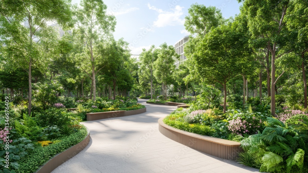 Obraz premium A serene pathway winds through lush greenery and vibrant flowers, creating a tranquil outdoor space surrounded by tall trees.