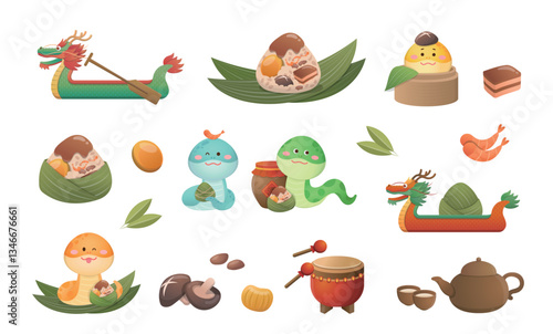 Dragon Boat Festival elements, boat race, delicious sticky rice, playful snake mascot