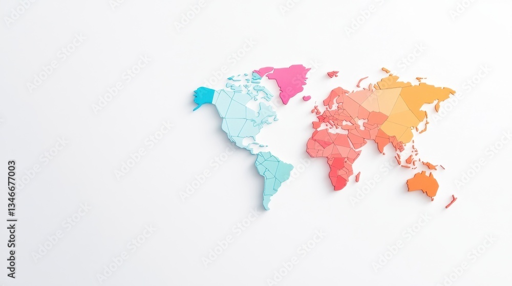 Obraz premium A colorful world map illustration showing different regions in distinct shades, emphasizing global geography and diversity.