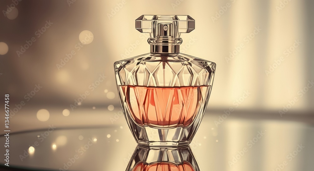 A sleek glass bottle of perfume stands on a mirrored surface A sleek glass bottle of perfume stands on a mirrored surface