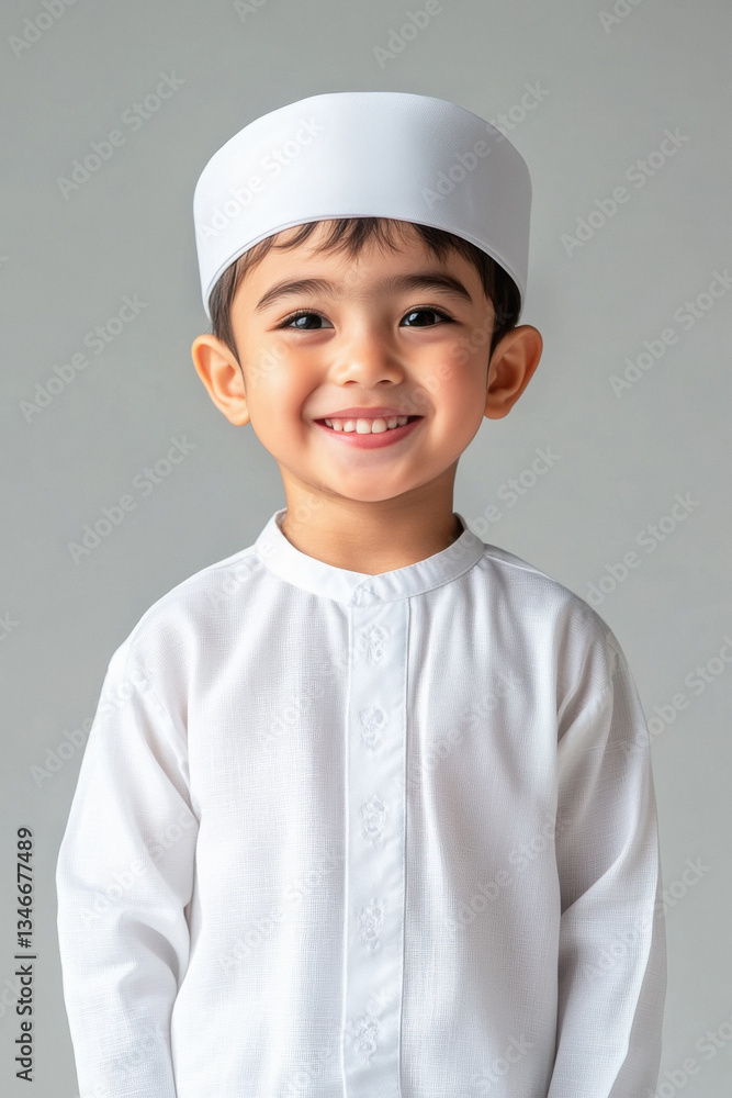 Asian kid wearing a Islamic-style white shirt is standing and smiling, white hat Eid al-fitr pose, isolated on a plain background Asian kid wearing a Islamic-style white shirt is standing and smiling, white hat Eid al-fitr pose, isolated on a plain background