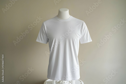 Plain t-shirt mockup displayed on a white mannequin in a neutral setting.