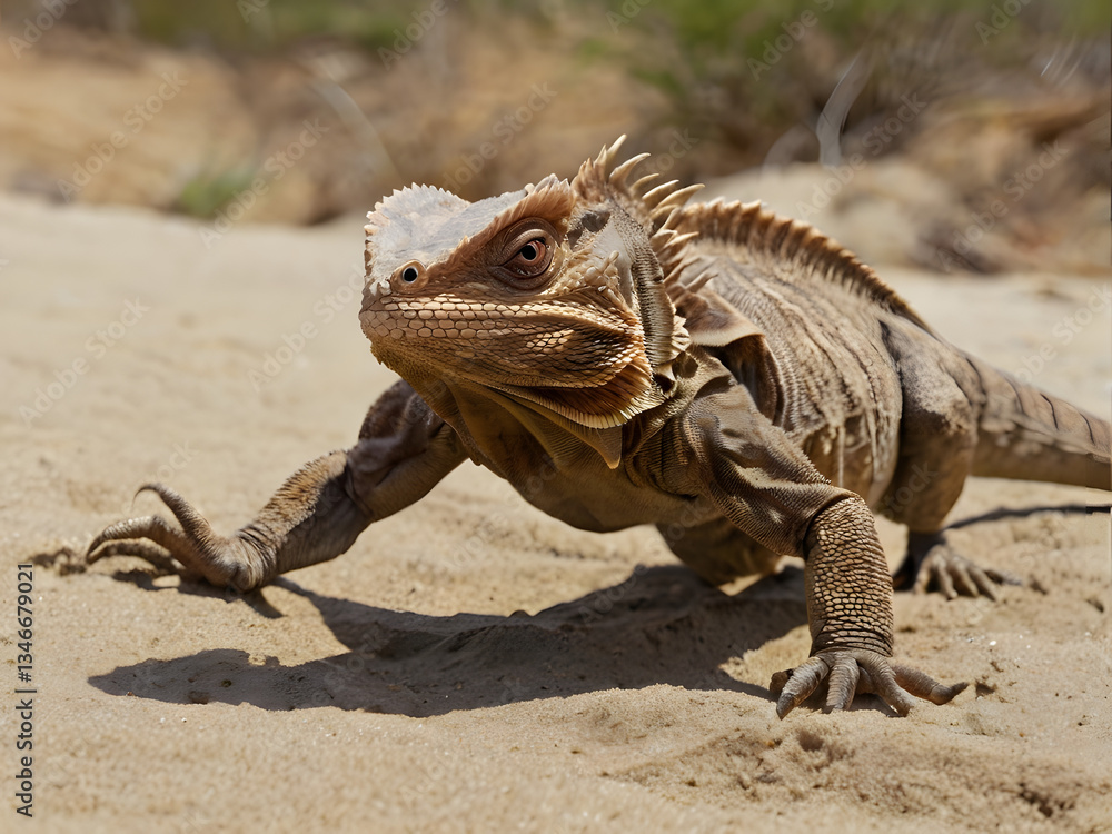 Fototapeta premium Magnificent Reptilian Stance: An exotic lizard with striking scales and an alert gaze confidently strides across the warm sand, a captivating display of nature's elegance.