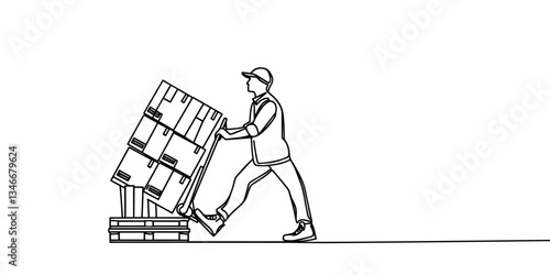 Single one line drawing man pushing hand pallet for moving box. Shipment and logistic concept. Continuous line draw design graphic vector illustration.
