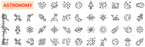 Astronomy & Space Exploration Icon Set – Planets, Stars, Moon, Telescope, Rocket, Galaxy, Black Hole, UFO, Astronaut, Solar System, Meteor, Satellite, Cosmic Science