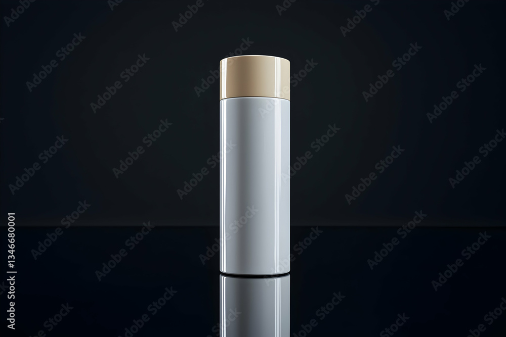Product mockup featuring a blank cylindrical bottle on a reflective surface. Product mockup featuring a blank cylindrical bottle on a reflective surface.