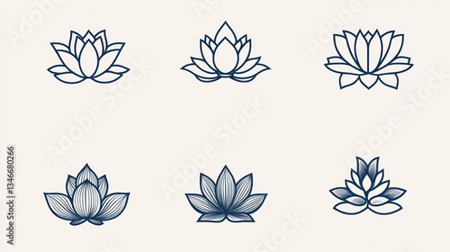 Six lotus flower line art designs, isolated on white, for various uses