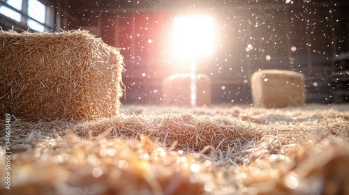 Sunlit Hay Bales in a Barn - Rustic Agricultural Scene