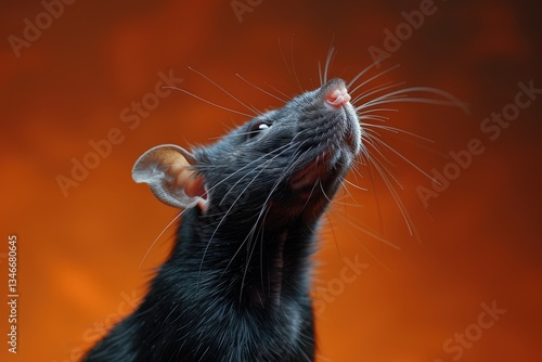 A close up shot of a black rat looking up
