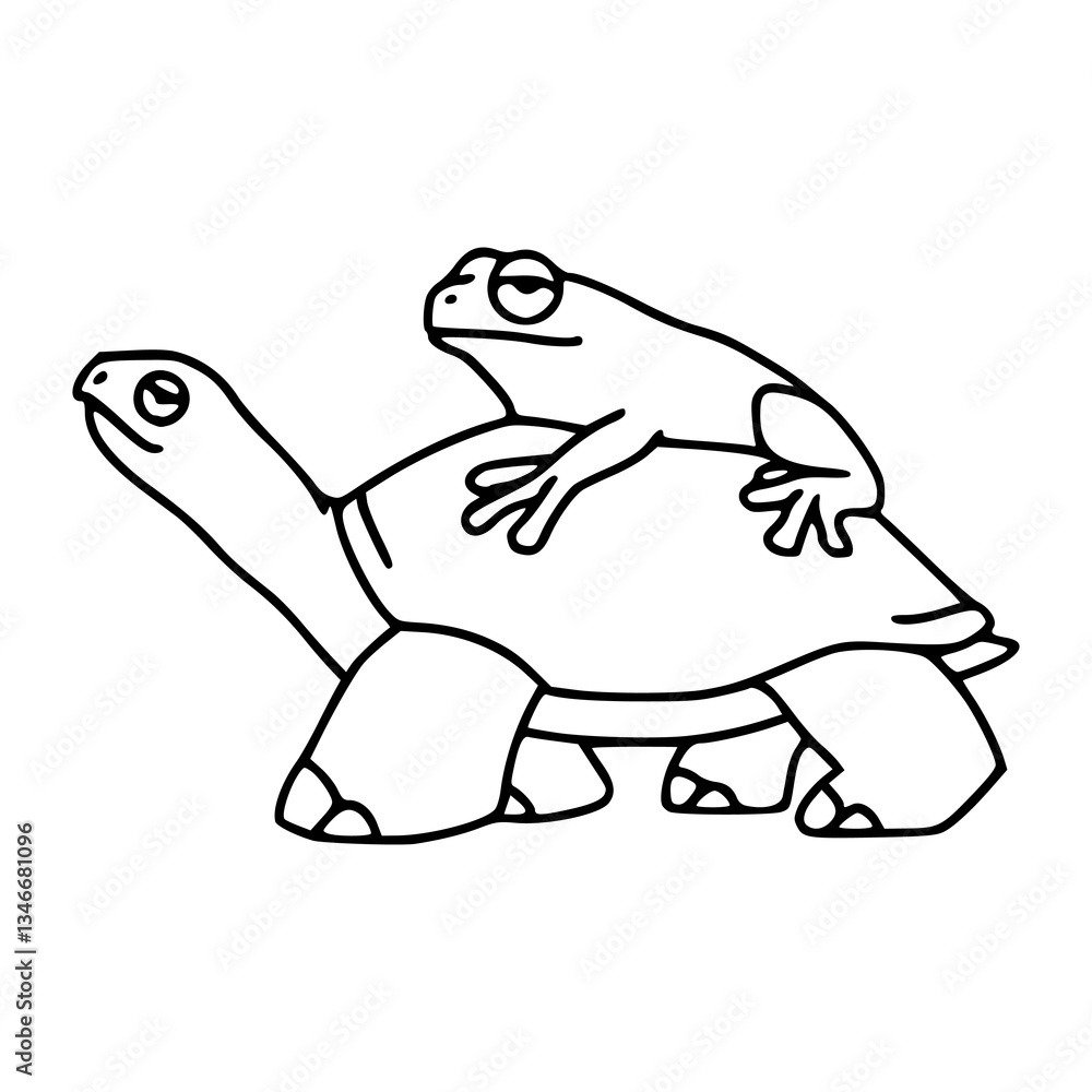 Fototapeta premium funny cartoon frog hitchhiking on turtle