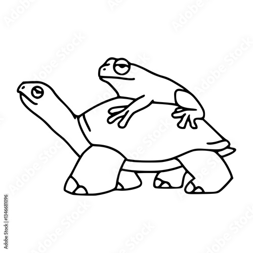 funny cartoon frog hitchhiking on turtle