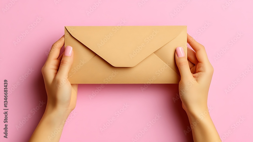 Hands Holding a Beige Envelope on Pink Background. Hands Holding a Beige Envelope on Pink Background.