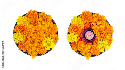 Bowl with yellow and orange color marigold flowers and candle. Altar. Flowers for Indian holidays Diwali festival, Pongal and Day of the Dead. Flat lay, Isolated on a transparent background