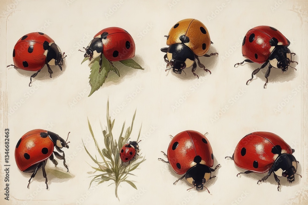 Fototapeta premium Vintage Botanical Ladybug Study, Ladybugs