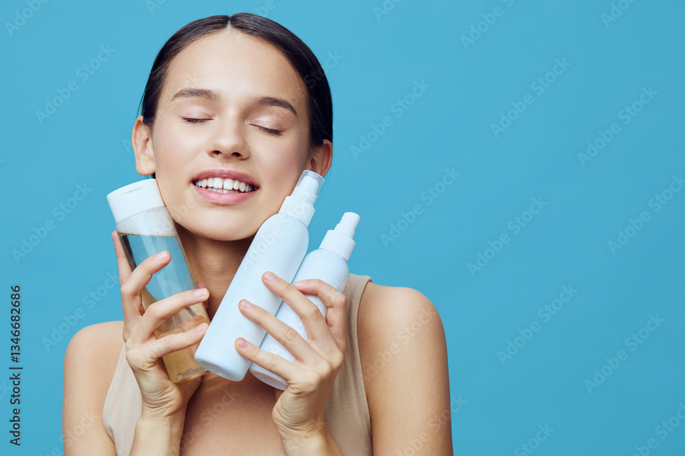Young woman happily holding skincare products against a light blue background, promoting healthy skin and beauty routines Young woman happily holding skincare products against a light blue background, promoting healthy skin and beauty routines