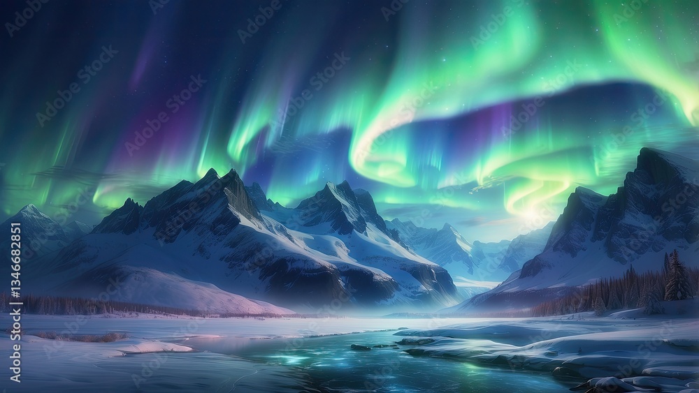 Naklejka premium A stunning nighttime scene featuring the northern lights (aurora borealis) swirling in vibrant green hues against a starry sky.