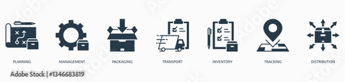 Logistics banner web icon vector illustration concept with icon of planning, management, packaging, transport, inventory, tracking and distribution