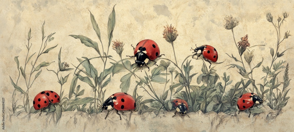 Vintage Botanical Ladybug Study, Ladybugs