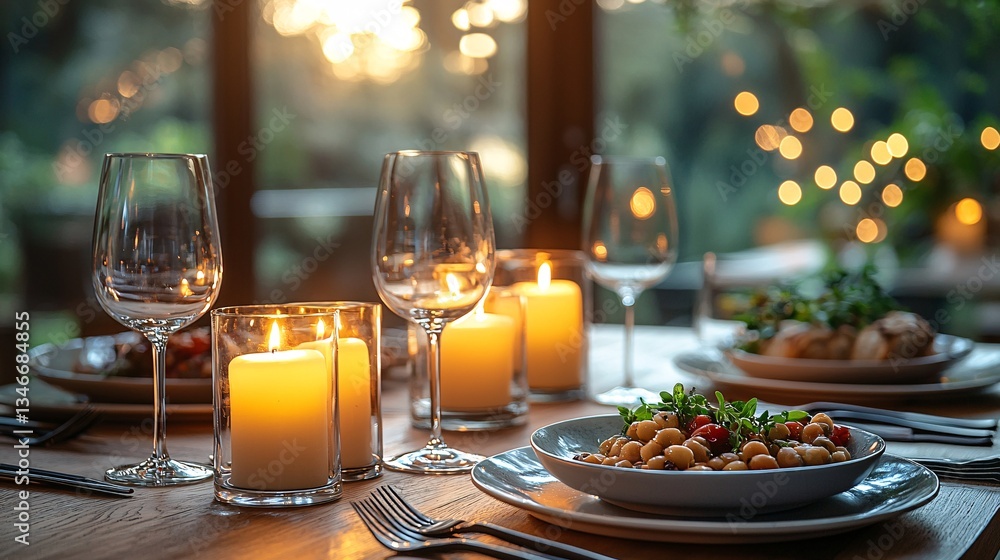 Romantic dining setting with candles and elegant plates under soft evening light for intimate gatherings Romantic dining setting with candles and elegant plates under soft evening light for intimate gatherings