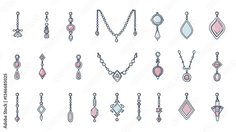 Obraz premium Elegant jewelry designs; earrings, necklaces; white background; fashion illustration; website design