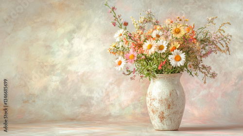 Wallpaper Mural A charming arrangement of wildflowers and pastel-colored daisies in a textured ceramic vase, captured in a studio setting with diffused natural light, subtle shadows emphasizing petal details Torontodigital.ca