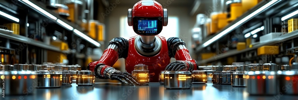 Red humanoid robot amid shiny mechanical components Red humanoid robot amid shiny mechanical components