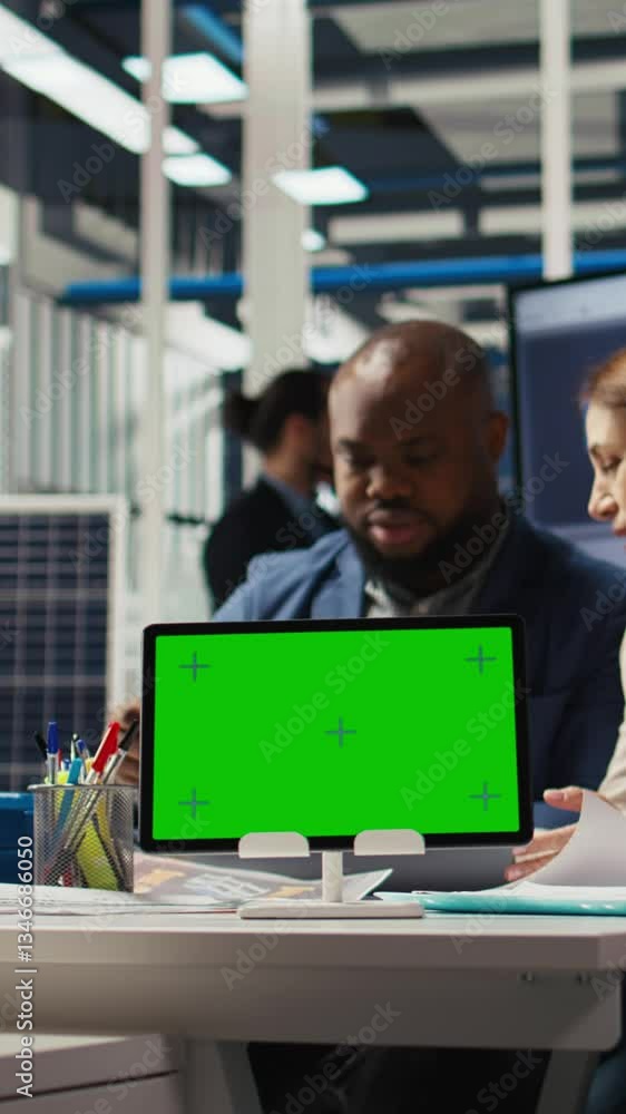 Vertical video Factory engineer tripping while study assembly lines schematics, refining production layouts using green screen tablet. Experts outlining industrial plant configurations using mockup Vertical video Factory engineer tripping while study assembly lines schematics, refining production layouts using green screen tablet. Experts outlining industrial plant configurations using mockup