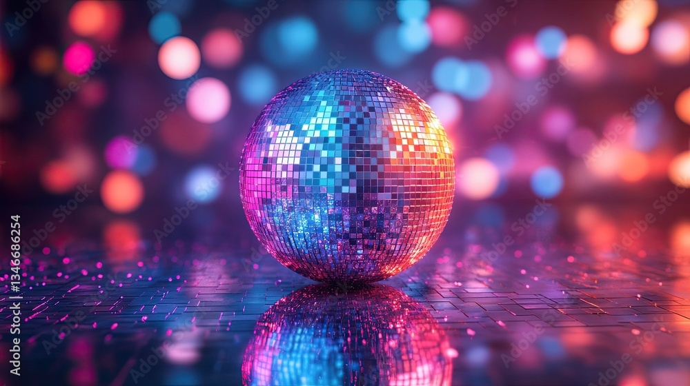 Digital illustration of a colorful disco ball made up of small mirrored squares, a retro music theme concept. Digital illustration of a colorful disco ball made up of small mirrored squares, a retro music theme concept.