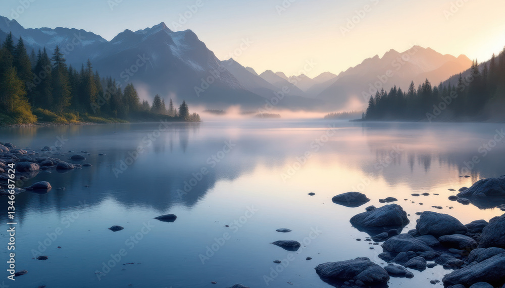 Fototapeta premium Serene Sunrise over Misty Mountain Lake
