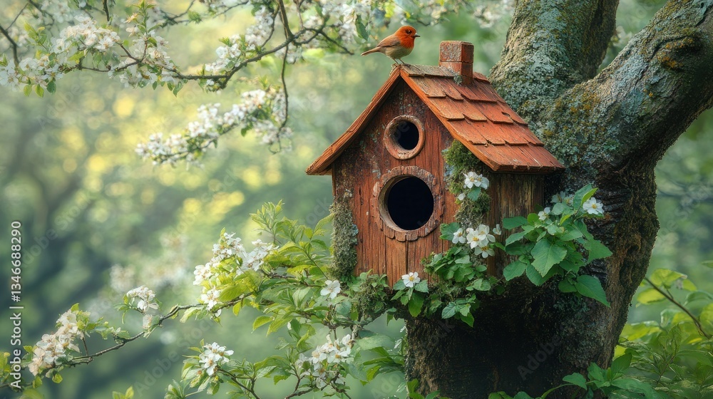 Rustic birdhouse nestled in blooming spring tree Rustic birdhouse nestled in blooming spring tree