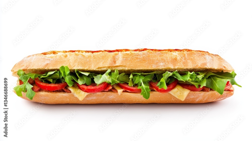 Freshly made sandwich with vegetables and cheese served on crusty Italian bread