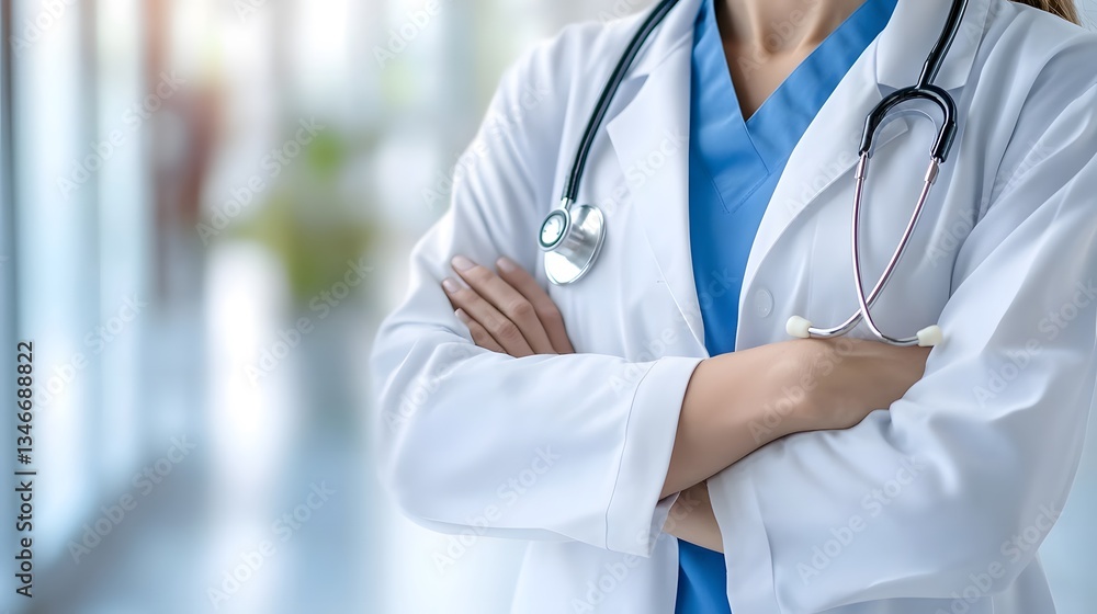 Confident Young Female Doctor in White Coat with Stethoscope Confident Young Female Doctor in White Coat with Stethoscope