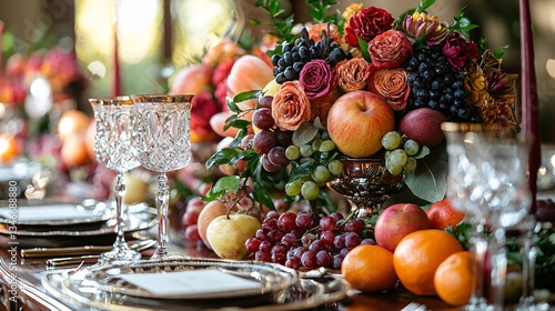 Elegant Fruit and Flower Centerpiece on a Luxurious Dining Table for a Festive Occasion