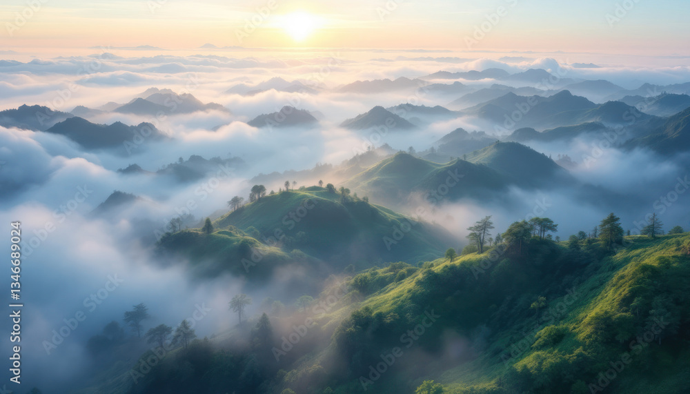 Misty Mountain Sunrise: A Breathtaking Aerial View of Serene Hills Enveloped in Clouds Misty Mountain Sunrise: A Breathtaking Aerial View of Serene Hills Enveloped in Clouds