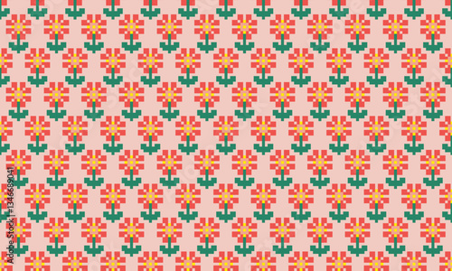 a detailed seamless composed of pixel designs with red flowers square on light pink background , design for fabric or various pattern printing works.