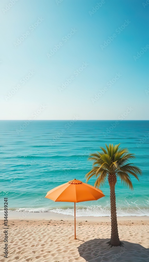 Fototapeta premium Peaceful Beach with an Orange Umbrella