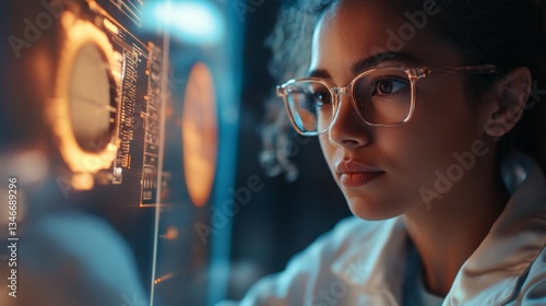 Focused young female engineer interacting with futuristic digital display in high-tech lab