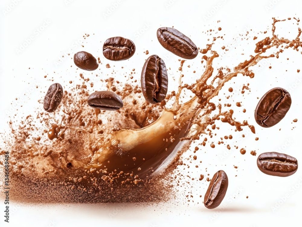 Roasted Coffee Beans Splash with Dynamic Brown Liquid on White Background in Studio Shot Roasted Coffee Beans Splash with Dynamic Brown Liquid on White Background in Studio Shot