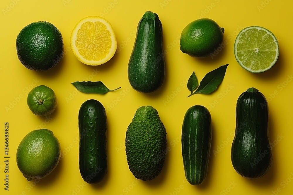 Image of green vegetables on yellow, allowing for added text Image of green vegetables on yellow, allowing for added text