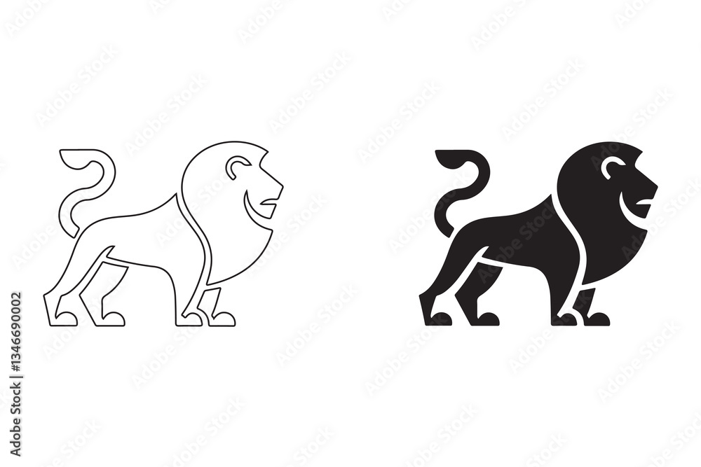 Lion Illustration in Line Art and Solid Black Styles. Fully editable Flat and Outline. Lion Illustration in Line Art and Solid Black Styles. Fully editable Flat and Outline.
