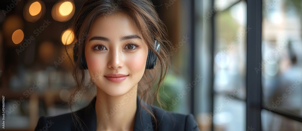 Obraz premium An Asian businesswoman in a suit and headset is smiling as she works with a computer in an office, exemplifying a customer service assistant, with a VOIP helpdesk headset, set against a panoramic