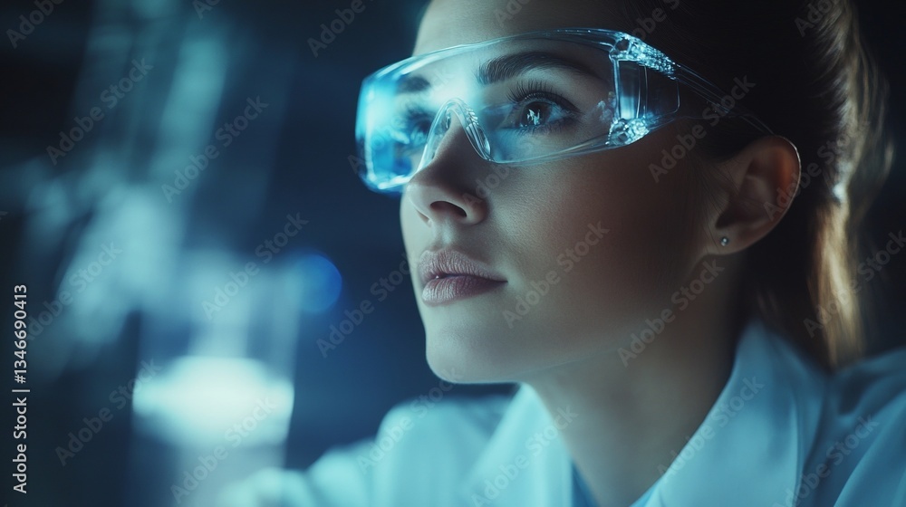Focused female scientist with protective glasses in laboratory setting Focused female scientist with protective glasses in laboratory setting