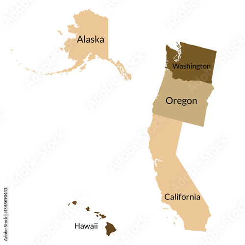 US regions of Pacific. Pacific states of America lablel each state with brown color.