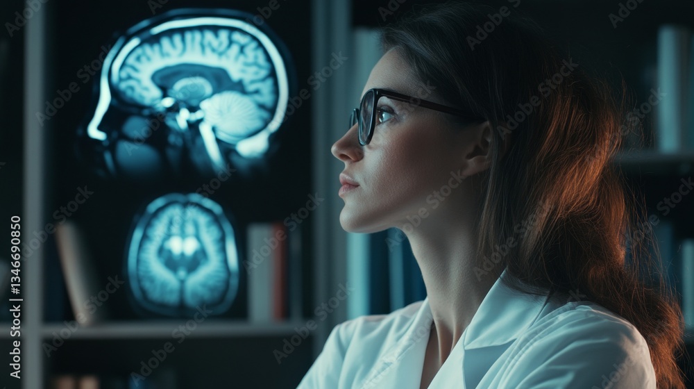 Female doctor analyzing brain scans in medical conference room Female doctor analyzing brain scans in medical conference room