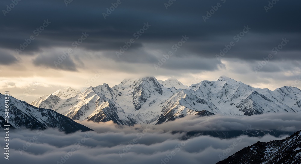 Fototapeta premium Dramatic mountain range sunrise snow capped peaks above clouds. AI Generated