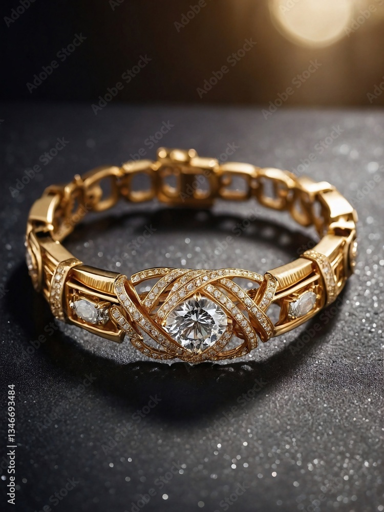 Elegant gold bracelet with a diamond centerpiece on a glittering background Elegant gold bracelet with a diamond centerpiece on a glittering background