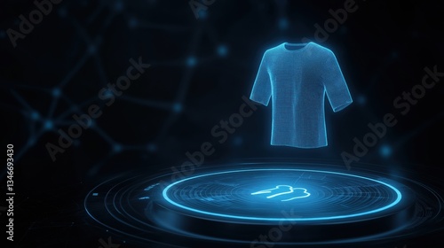 A holographic representation of a shirt displayed on a futuristic platform, showcasing advanced digital technology in clothing design.