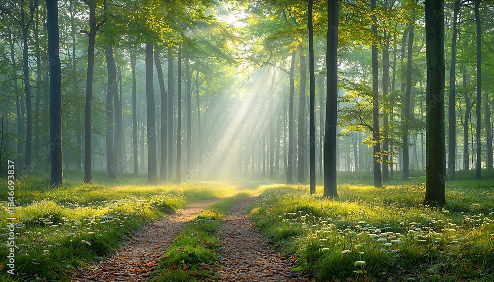 Fototapeta premium Sunbeams Path for Misty Forest Dawn.