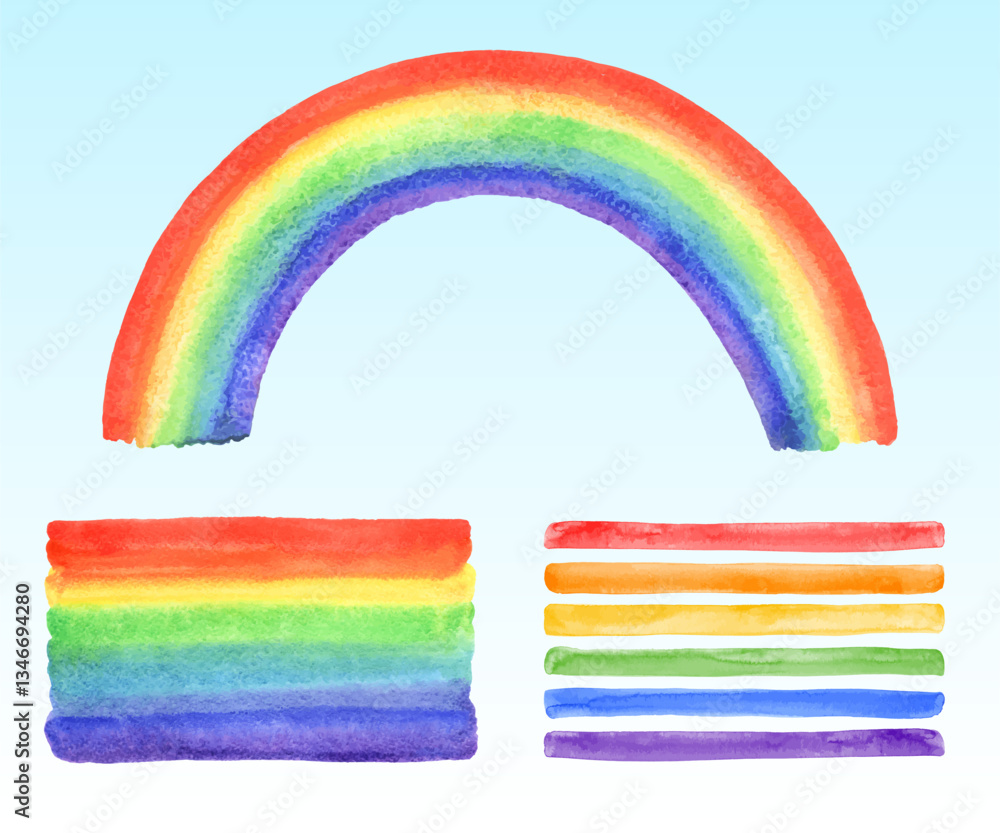 Fototapeta premium Watercolor six-striped rainbow arch, rectangle colorful gradient brush stroke, isolated stripes set. Hand drawn watercolour painted backgrounds. LGBTQ Gay Pride templates, text boxes, frames, borders
