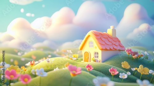Cartoon 3d spring landscape with green hills, cherry blossom showing countryside a peaceful trees with a small house surrounded by flowering